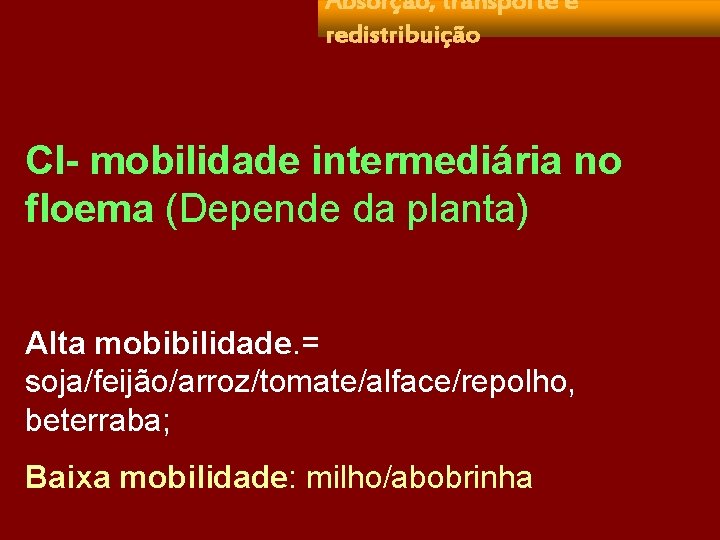 Absorção, transporte e redistribuição Cl- mobilidade intermediária no floema (Depende da planta) Alta mobibilidade.