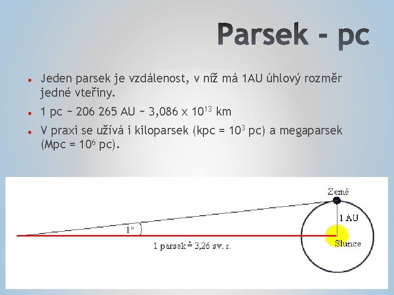  Jeden parsek je vzdálenost, v níž má 1 AU úhlový rozměr jedné vteřiny.