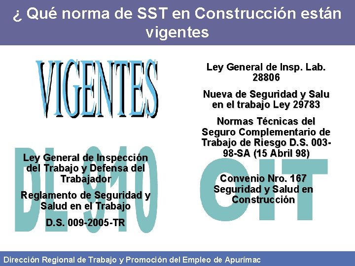 ¿ Qué norma de SST en Construcción están vigentes Ley General de Insp. Lab.
