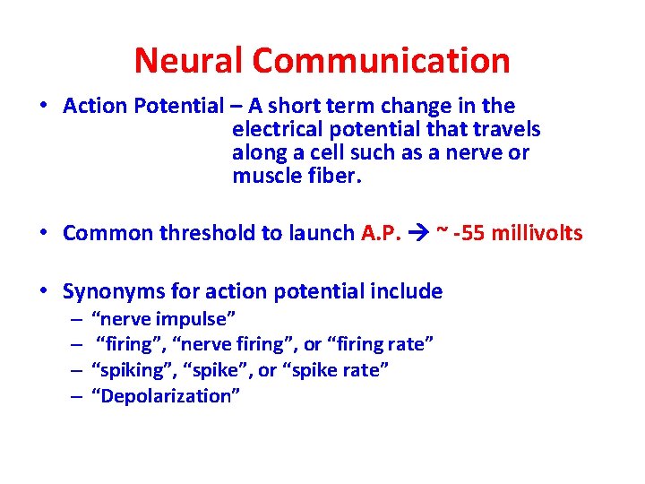 Neural Communication • Action Potential – A short term change in the electrical potential