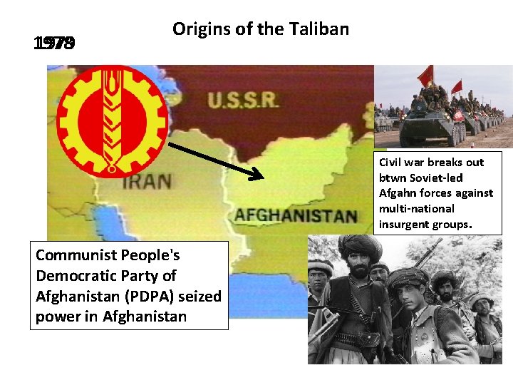 1978 1979 Origins of the Taliban Civil war breaks out btwn Soviet-led Afgahn forces