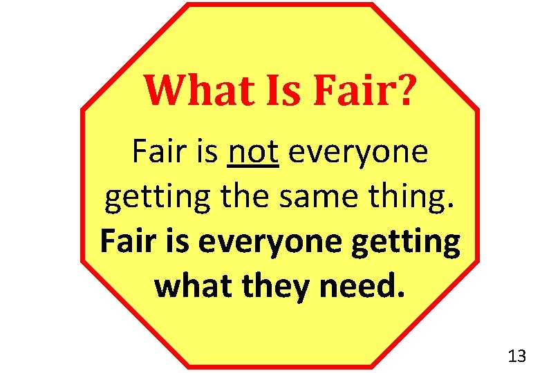 What Is Fair? Fair is not everyone getting the same thing. Fair is everyone