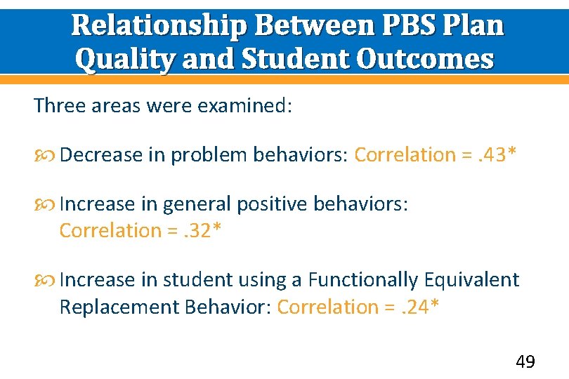 Relationship Between PBS Plan Quality and Student Outcomes Three areas were examined: Decrease in