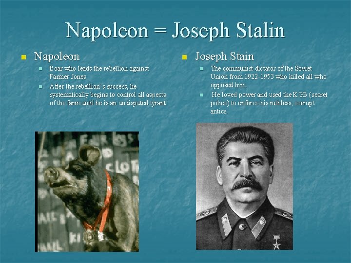 Napoleon = Joseph Stalin n Napoleon n n Boar who leads the rebellion against