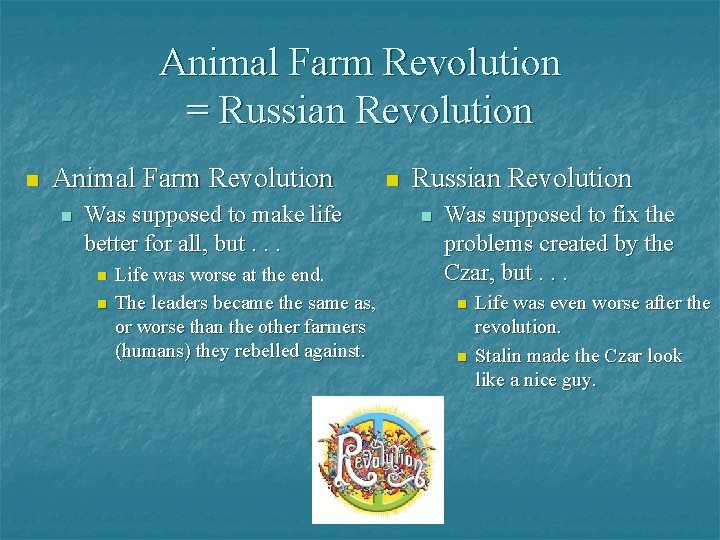 Animal Farm Revolution = Russian Revolution n Animal Farm Revolution n Was supposed to