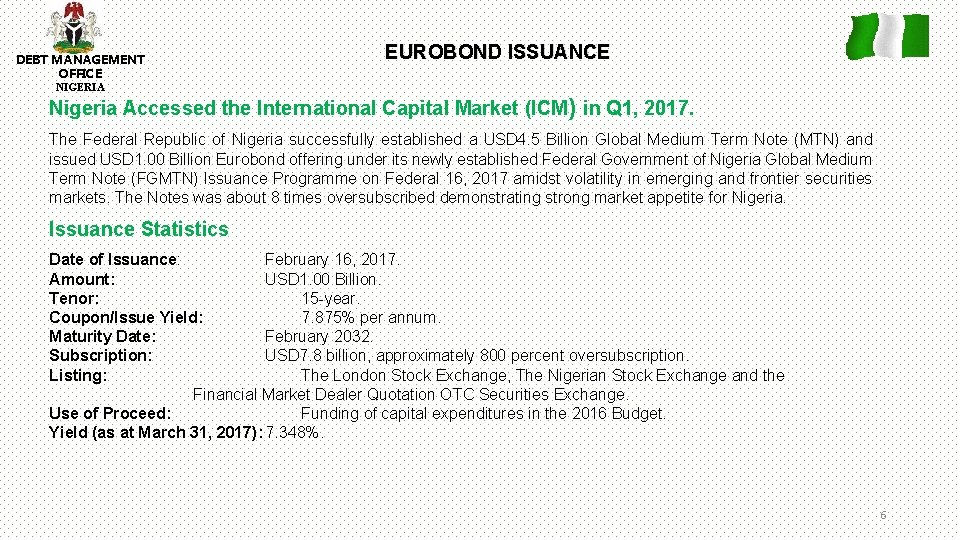 DEBT MANAGEMENT OFFICE EUROBOND ISSUANCE NIGERIA Nigeria Accessed the International Capital Market (ICM) in