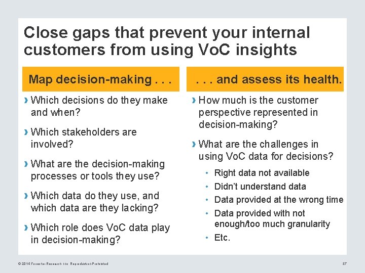 Close gaps that prevent your internal customers from using Vo. C insights Map decision-making.