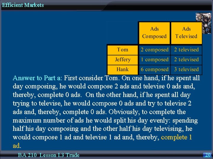 Efficient Markets Answer to Part a: First consider Tom. On one hand, if he