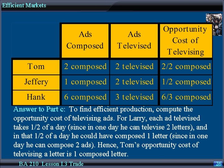 Efficient Markets Answer to Part c: To find efficient production, compute the opportunity cost