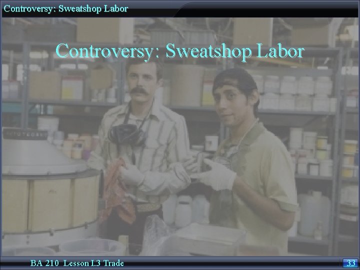 Controversy: Sweatshop Labor BA 210 Lesson I. 3 Trade 33 