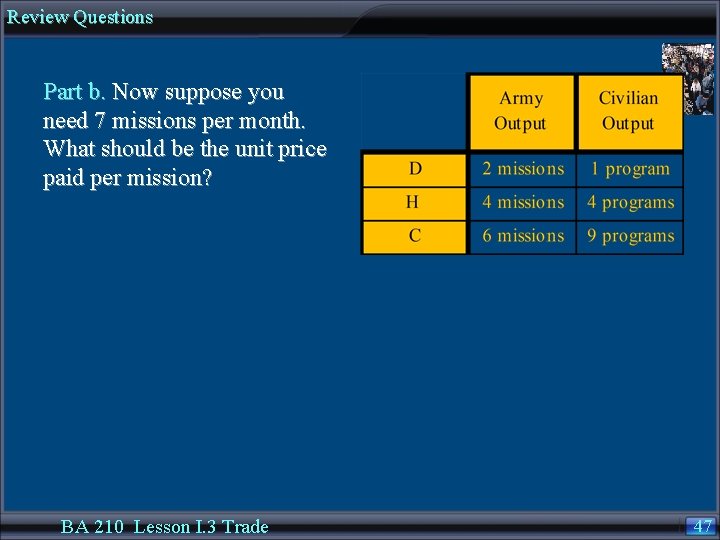Review Questions Part b. Now suppose you need 7 missions per month. What should