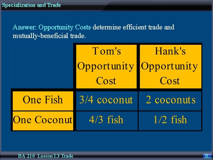 Specialization and Trade Answer: Opportunity Costs determine efficient trade and mutually-beneficial trade. BA 210