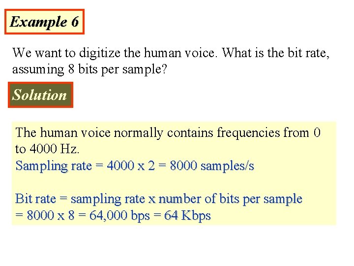 Example 6 We want to digitize the human voice. What is the bit rate,