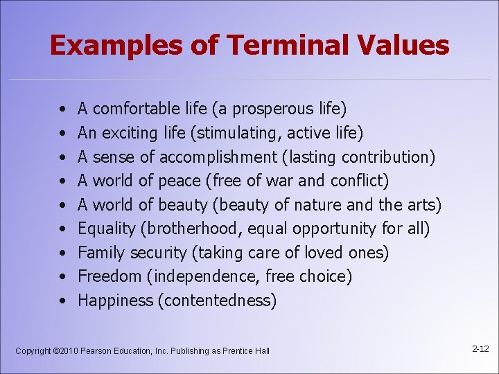 Examples of Terminal Values • • • A comfortable life (a prosperous life) An