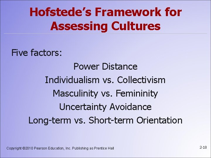 Hofstede’s Framework for Assessing Cultures Five factors: Power Distance Individualism vs. Collectivism Masculinity vs.
