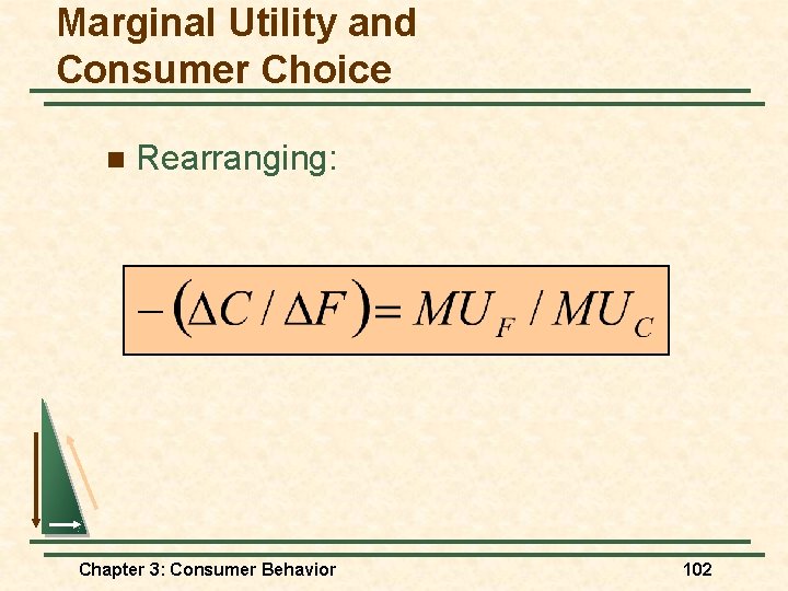 Marginal Utility and Consumer Choice n Rearranging: Chapter 3: Consumer Behavior 102 Marginal Utility and Consumer Choice n Rearranging: Chapter 3: Consumer Behavior 102