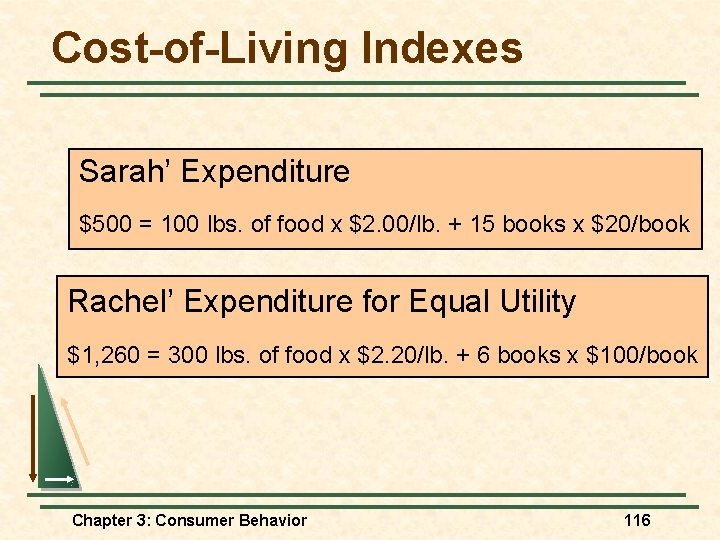 Cost-of-Living Indexes Sarah’ Expenditure $500 = 100 lbs. of food x $2. 00/lb. + Cost-of-Living Indexes Sarah’ Expenditure $500 = 100 lbs. of food x $2. 00/lb. +