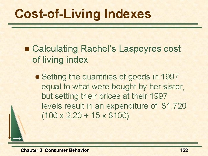 Cost-of-Living Indexes n Calculating Rachel’s Laspeyres cost of living index l Setting the quantities Cost-of-Living Indexes n Calculating Rachel’s Laspeyres cost of living index l Setting the quantities