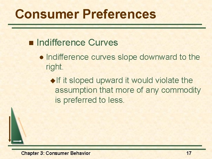 Consumer Preferences n Indifference Curves l Indifference curves slope downward to the right. u. Consumer Preferences n Indifference Curves l Indifference curves slope downward to the right. u.