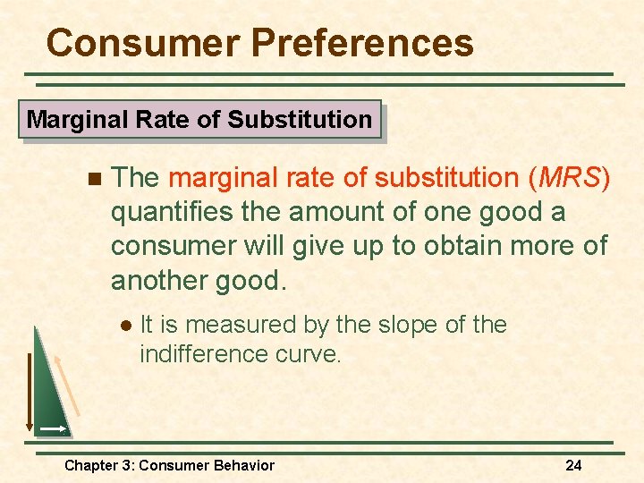 Consumer Preferences Marginal Rate of Substitution n The marginal rate of substitution (MRS) quantifies Consumer Preferences Marginal Rate of Substitution n The marginal rate of substitution (MRS) quantifies