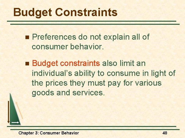 Budget Constraints n Preferences do not explain all of consumer behavior. n Budget constraints Budget Constraints n Preferences do not explain all of consumer behavior. n Budget constraints