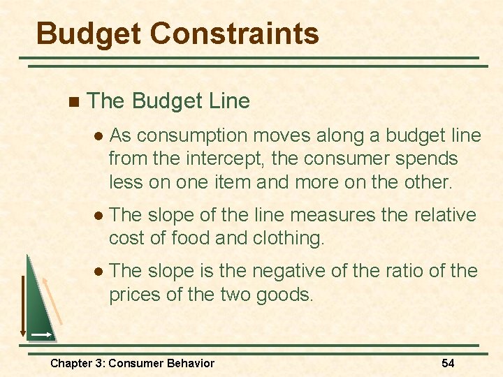 Budget Constraints n The Budget Line l As consumption moves along a budget line Budget Constraints n The Budget Line l As consumption moves along a budget line