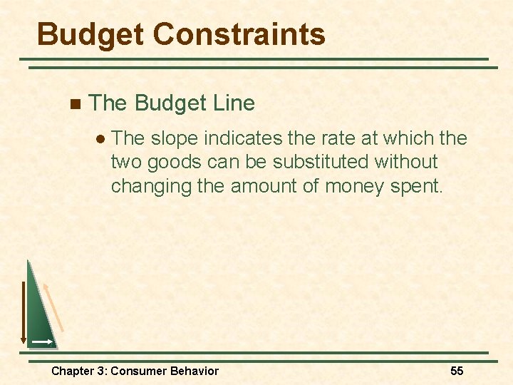 Budget Constraints n The Budget Line l The slope indicates the rate at which Budget Constraints n The Budget Line l The slope indicates the rate at which