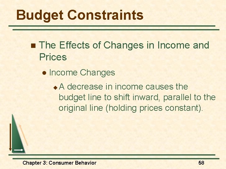 Budget Constraints n The Effects of Changes in Income and Prices l Income Changes Budget Constraints n The Effects of Changes in Income and Prices l Income Changes