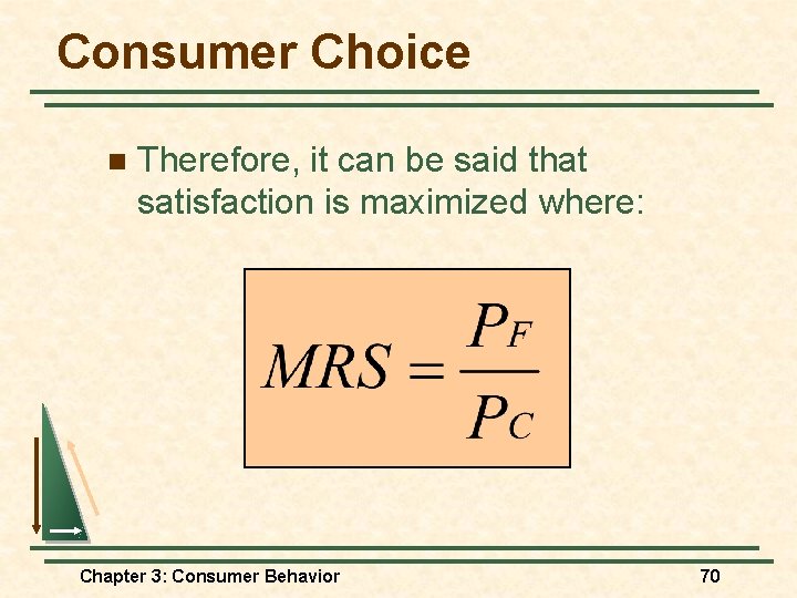 Consumer Choice n Therefore, it can be said that satisfaction is maximized where: Chapter Consumer Choice n Therefore, it can be said that satisfaction is maximized where: Chapter