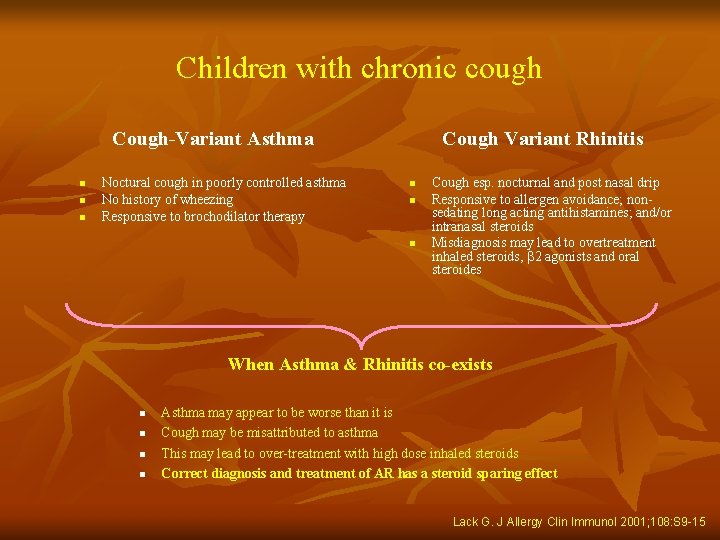 Children with chronic cough Cough-Variant Asthma n n n Noctural cough in poorly controlled