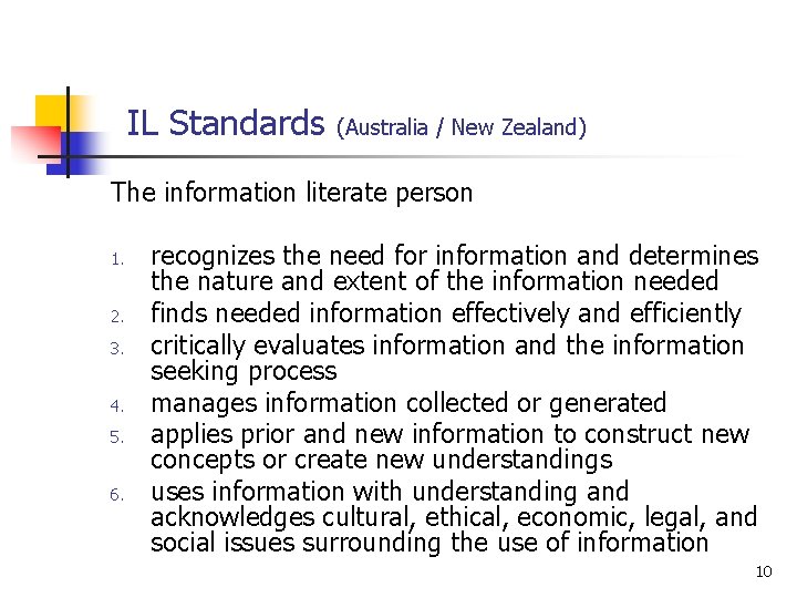 IL Standards (Australia / New Zealand) The information literate person 1. 2. 3. 4.