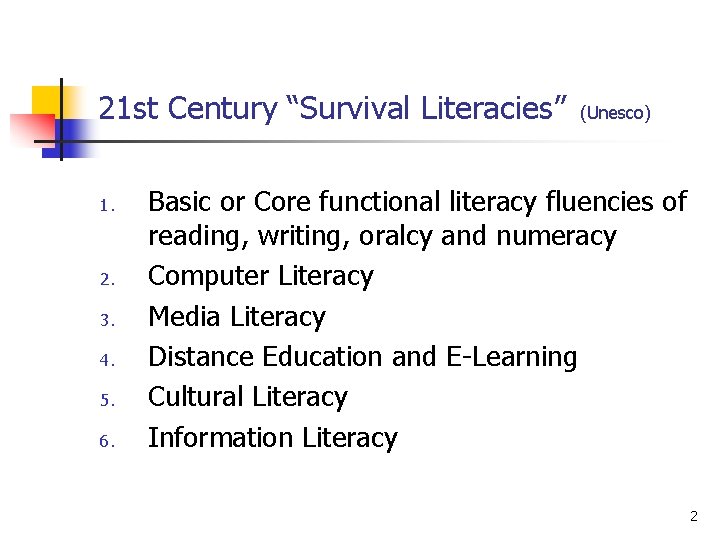 21 st Century “Survival Literacies” 1. 2. 3. 4. 5. 6. (Unesco) Basic or