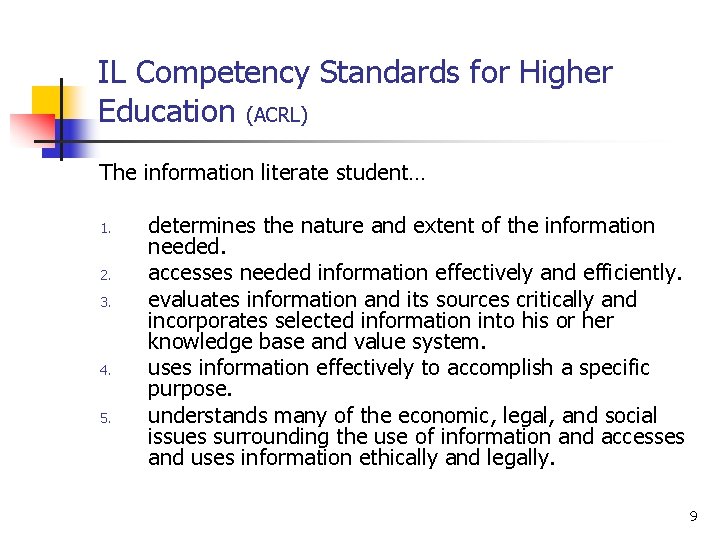 IL Competency Standards for Higher Education (ACRL) The information literate student… 1. 2. 3.