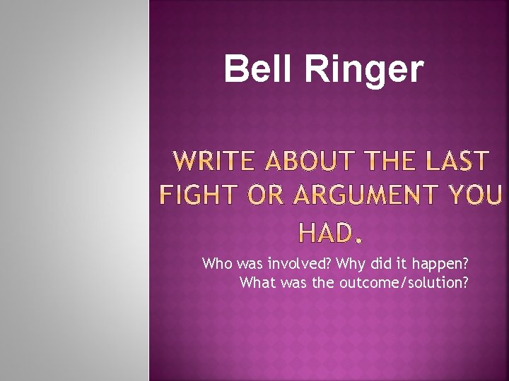 Bell Ringer Who was involved? Why did it happen? What was the outcome/solution? 
