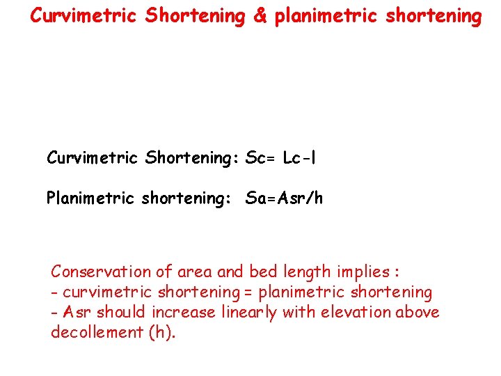 Curvimetric Shortening & planimetric shortening Curvimetric Shortening: Sc= Lc-l Planimetric shortening: Sa=Asr/h Conservation of