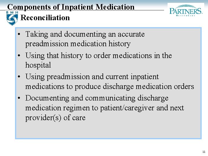 Components of Inpatient Medication Reconciliation • Taking and documenting an accurate preadmission medication history