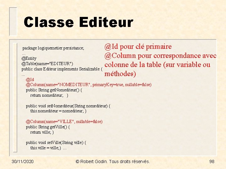 Classe Editeur @Id pour clé primaire … @Column pour correspondance avec @Entity @Table(name="EDITEUR") colonne