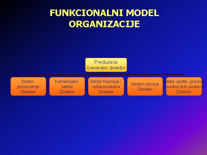 FUNKCIONALNI MODEL ORGANIZACIJE Preduzeće Generalni direktor Sektor proizvodnje Direktor Komercijalni sektor Direktor Sektor finansija