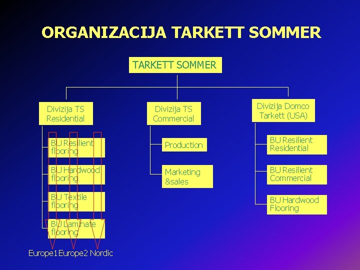 ORGANIZACIJA TARKETT SOMMER Divizija TS Residential Divizija TS Commercial Divizija Domco Tarkett (USA) BU