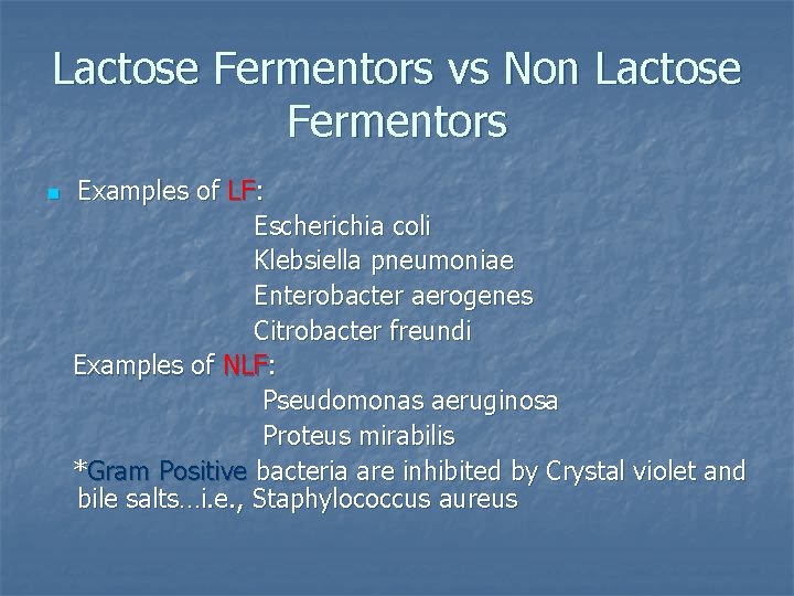 Lactose Fermentors vs Non Lactose Fermentors n Examples of LF: Escherichia coli Klebsiella pneumoniae