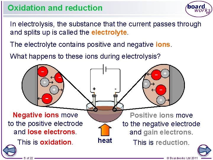 Oxidation and reduction In electrolysis, the substance that the current passes through and splits