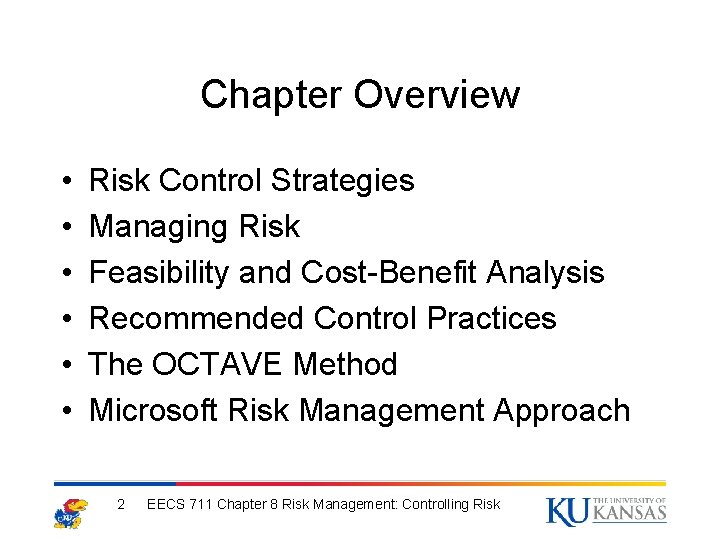 Chapter Overview • • • Risk Control Strategies Managing Risk Feasibility and Cost-Benefit Analysis