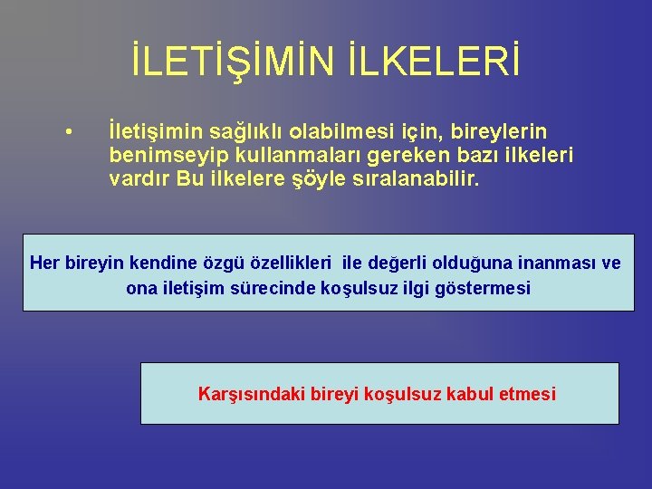 İLETİŞİMİN İLKELERİ • İletişimin sağlıklı olabilmesi için, bireylerin benimseyip kullanmaları gereken bazı ilkeleri vardır