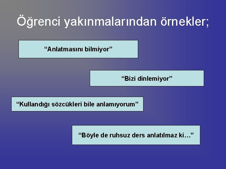 Öğrenci yakınmalarından örnekler; “Anlatmasını bilmiyor” “Bizi dinlemiyor” “Kullandığı sözcükleri bile anlamıyorum” “Böyle de ruhsuz