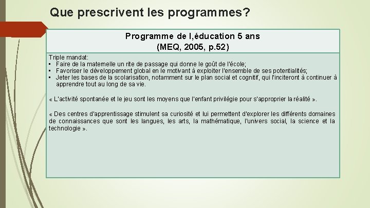 Que prescrivent les programmes? Programme de l, éducation 5 ans (MEQ, 2005, p. 52)