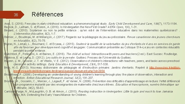 36 Références Aras, S. (2016). Free play in early childhood education: a phenomenological study.