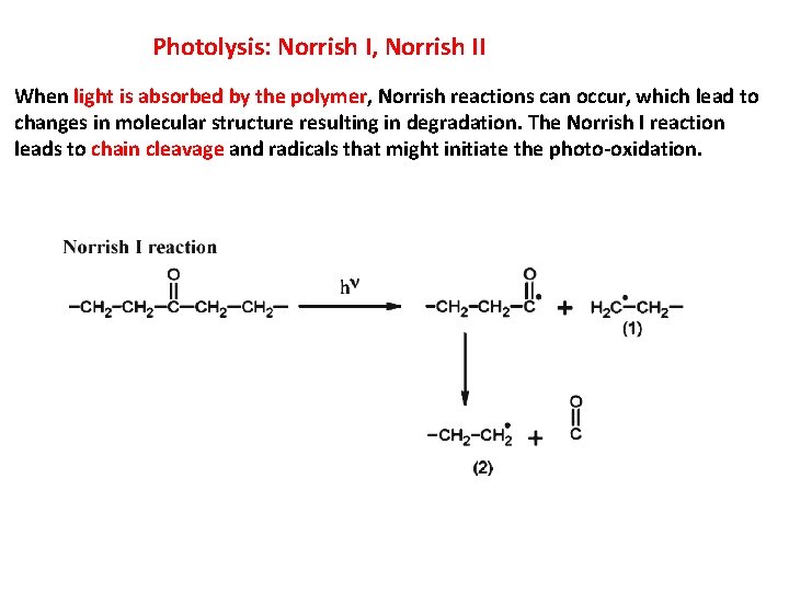 Photolysis: Norrish I, Norrish II When light is absorbed by the polymer, Norrish reactions