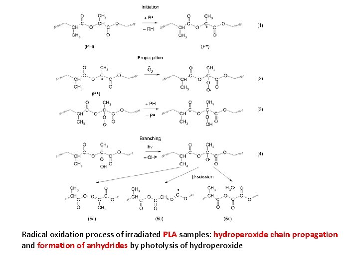 Radical oxidation process of irradiated PLA samples: hydroperoxide chain propagation and formation of anhydrides