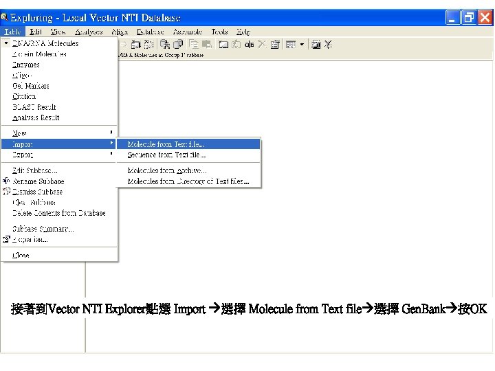 接著到Vector NTI Explorer點選 Import 選擇 Molecule from Text file 選擇 Gen. Bank 按OK 