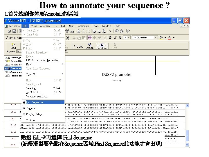 How to annotate your sequence ? 1. 首先找到你想要Annotate的區域 點選 Edit 再選擇 Find Sequence (記得滑鼠要先點在Sequence區域,